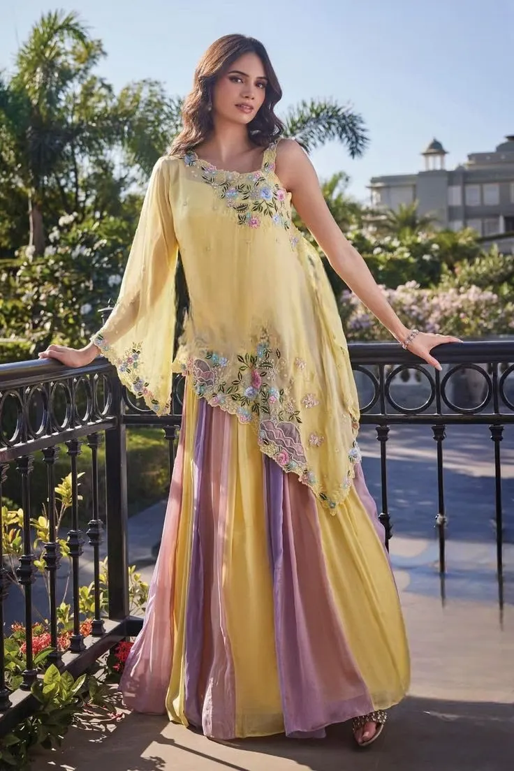 One-arm Drape Cape with Multicolour Skirt