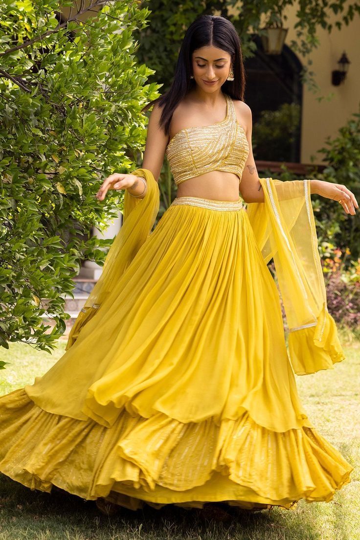 Layered Lehenga with One-Shoulder Blouse