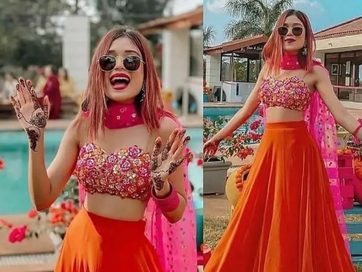 A Modern Orange Crop Top and Skirt