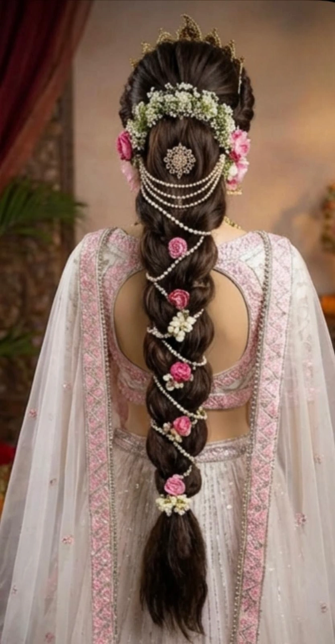 bridal flower hair clip on braid hairstyle