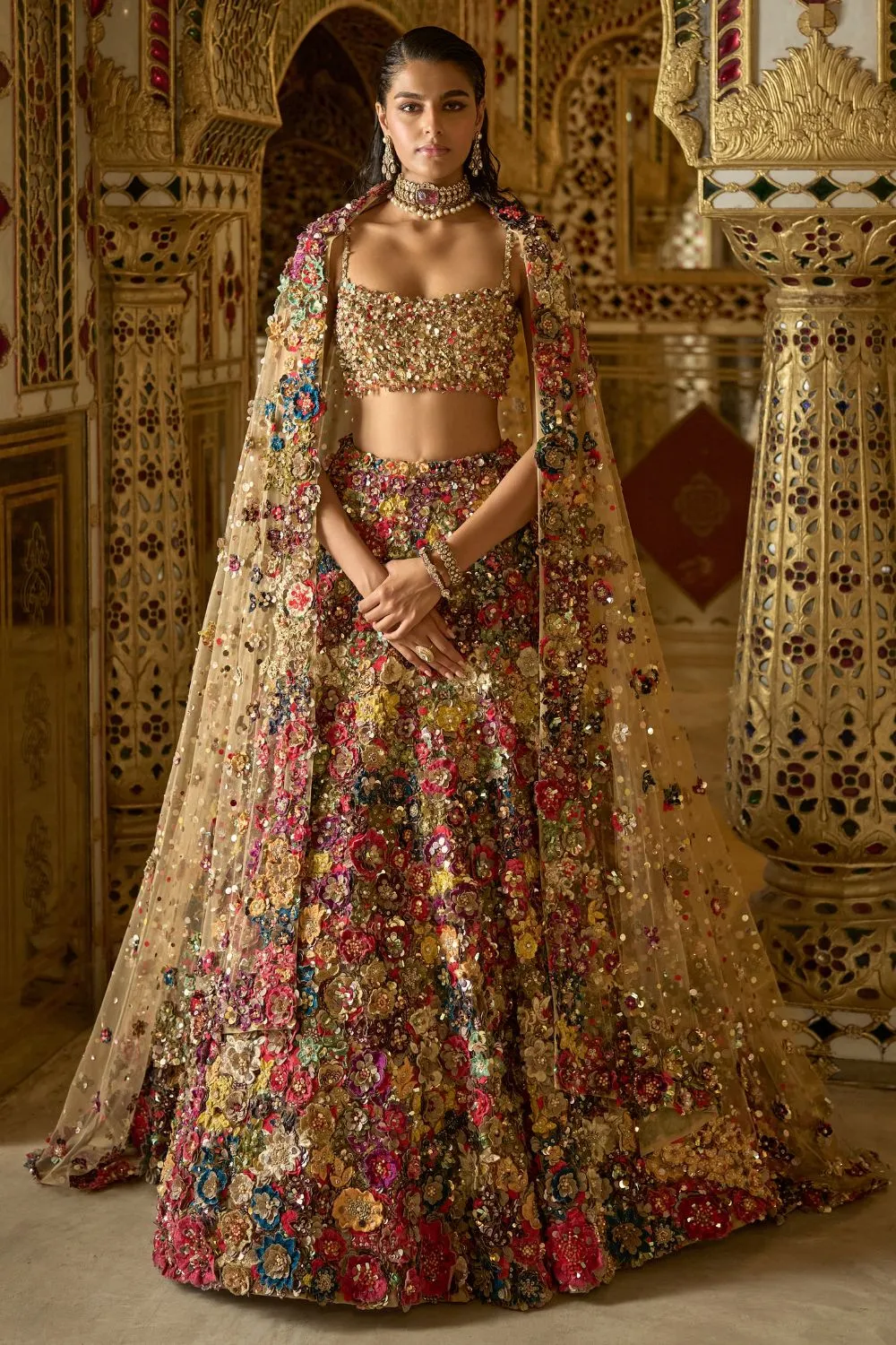 Multicolour 3D floral lehenga