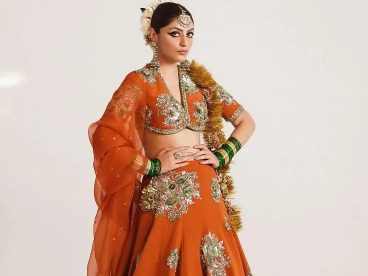 Mirror Work Orange Lehenga