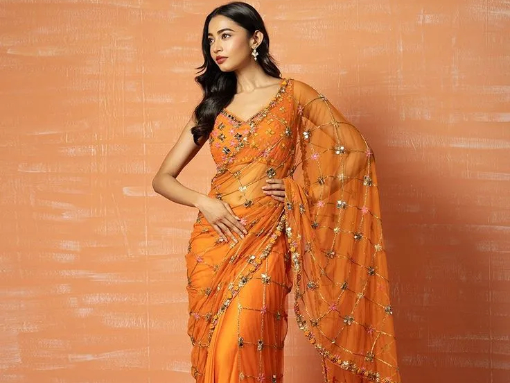 Orange Floral Printed Saree