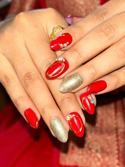 Red and Golden Bridal Nail Art