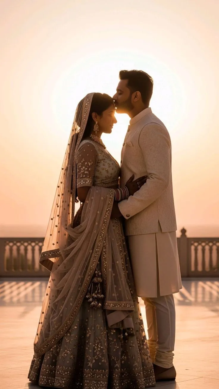 Romantic close-up pose of Indian bride and groom in traditional wedding outfits