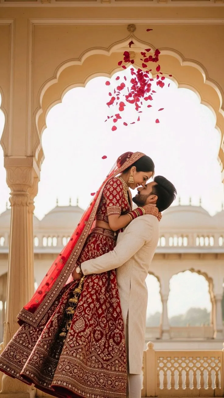 Groom lifting bride in a princess-style pose during Indian wedding photography