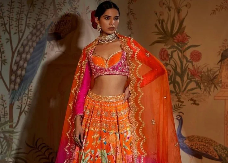 Orange Lehenga With Cut Dana