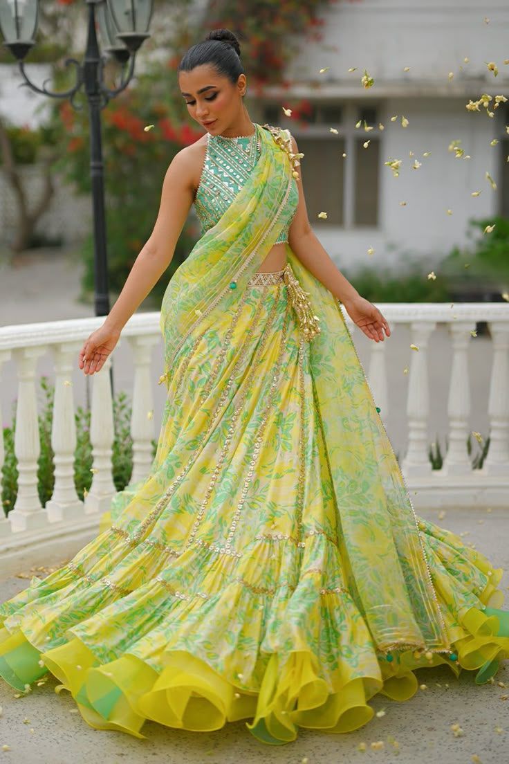 Green and Yellow Blend Lehenga Choli