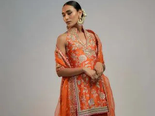 Extravagantly Embellished Shararas in Orange